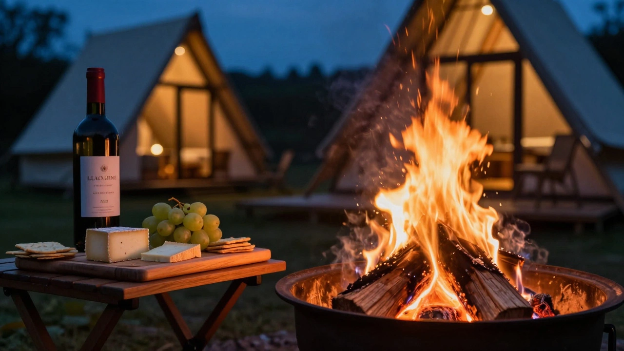Wine and cheese board next to a glowing campfire with a cozy cabin in the background