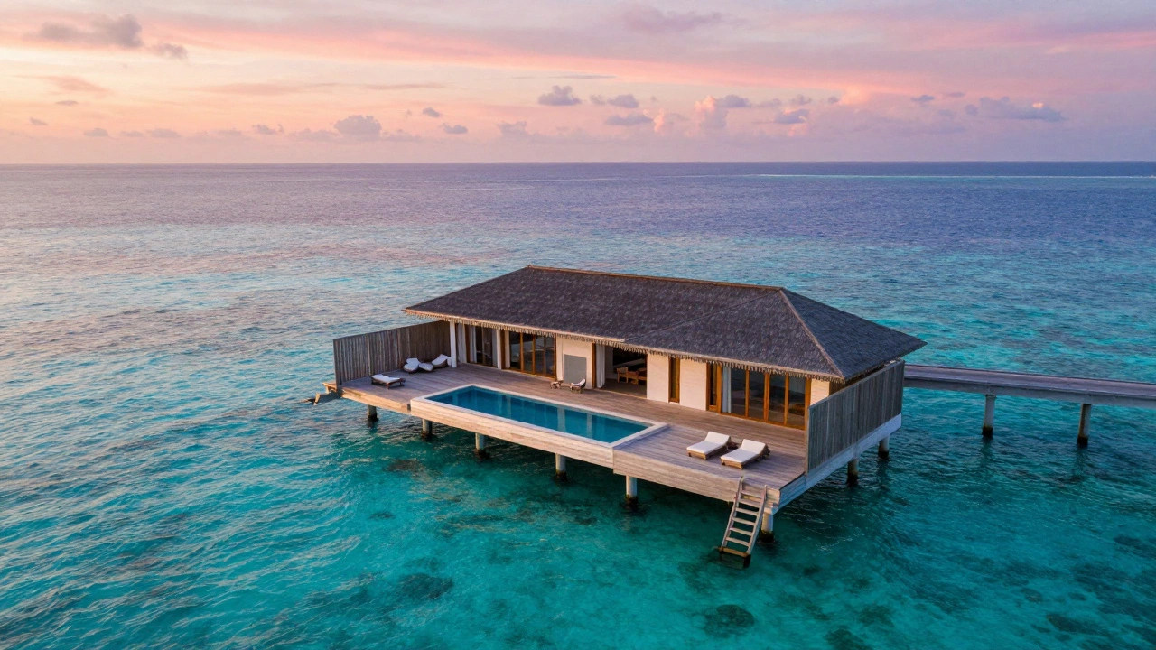 Aerial view of luxury overwater bungalow in Maldives at sunset