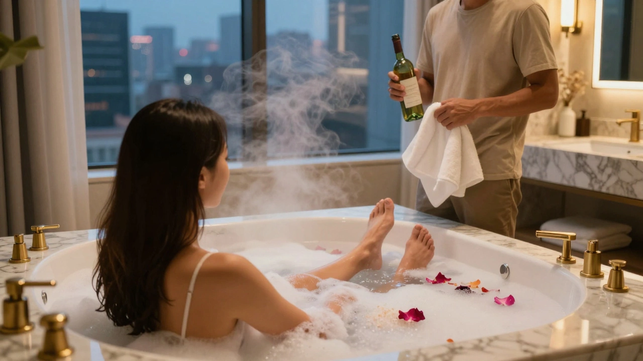 Couple relaxing in a steamy bubble bath in a modern upscale hotel bathroom at night.