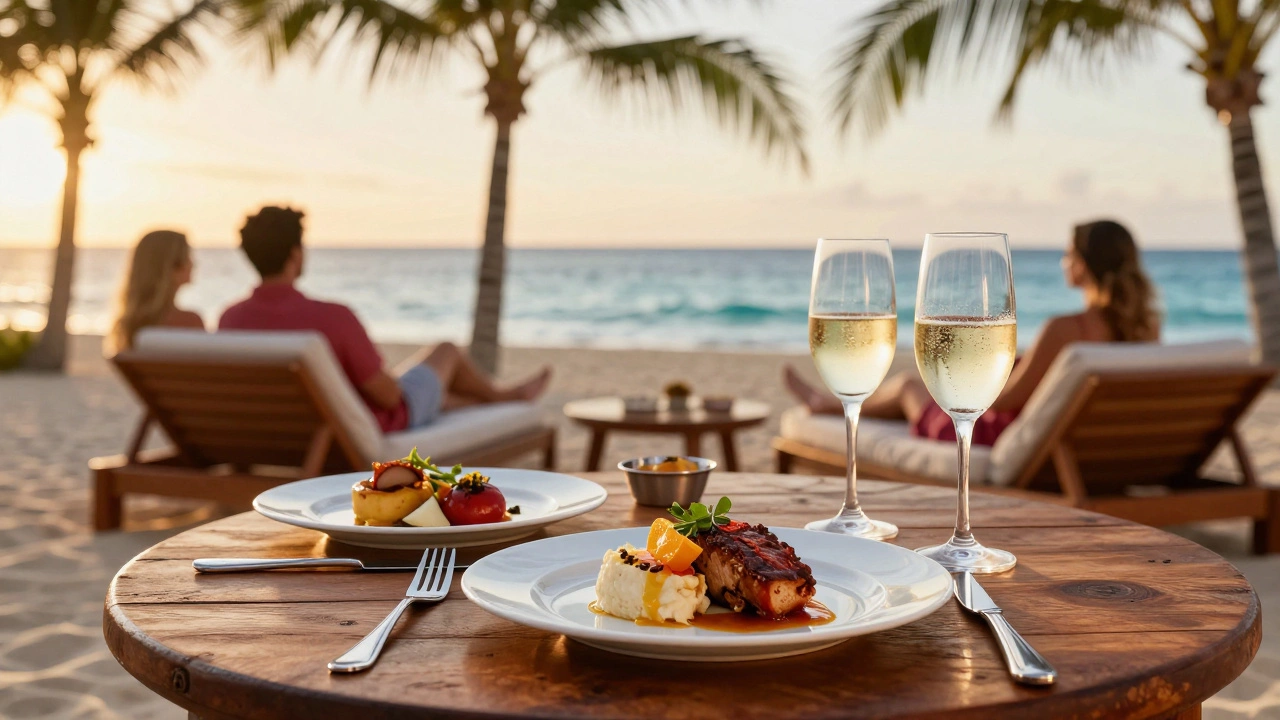 Gourmet meal and drinks on beach terrace with relaxing guests in background