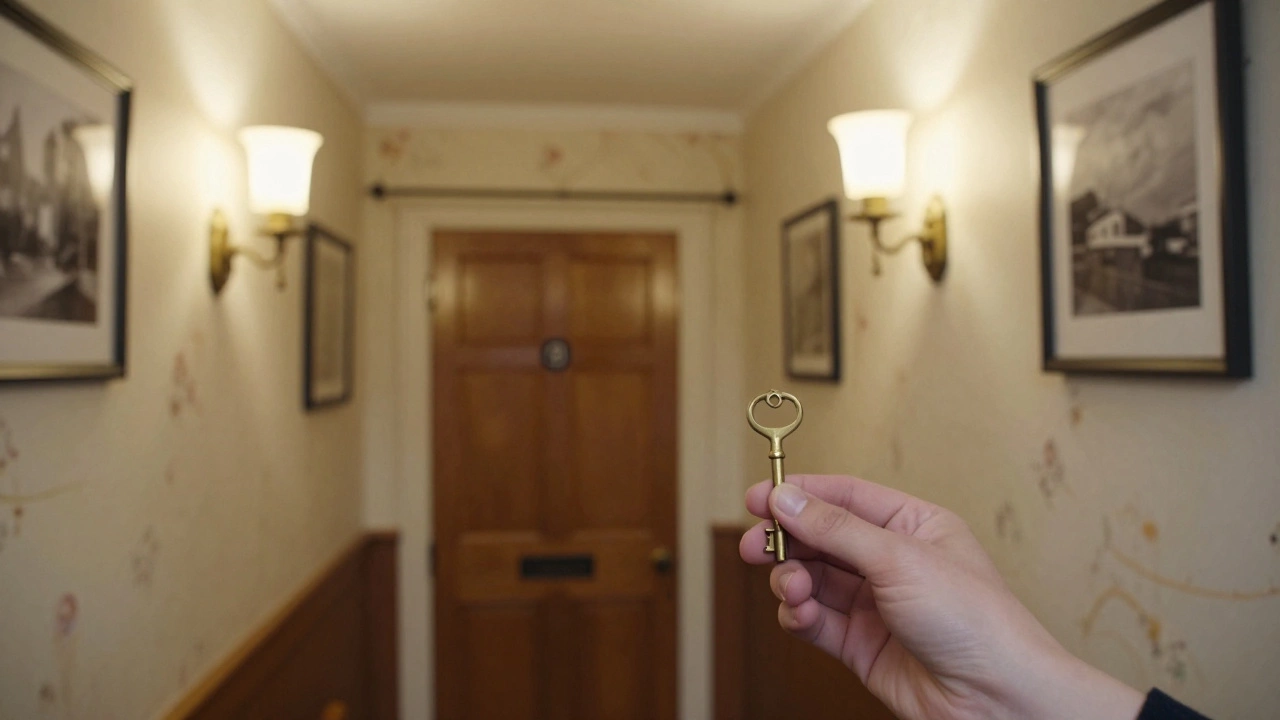 Hand holding a brass key in a quiet, private UK guest house hallway