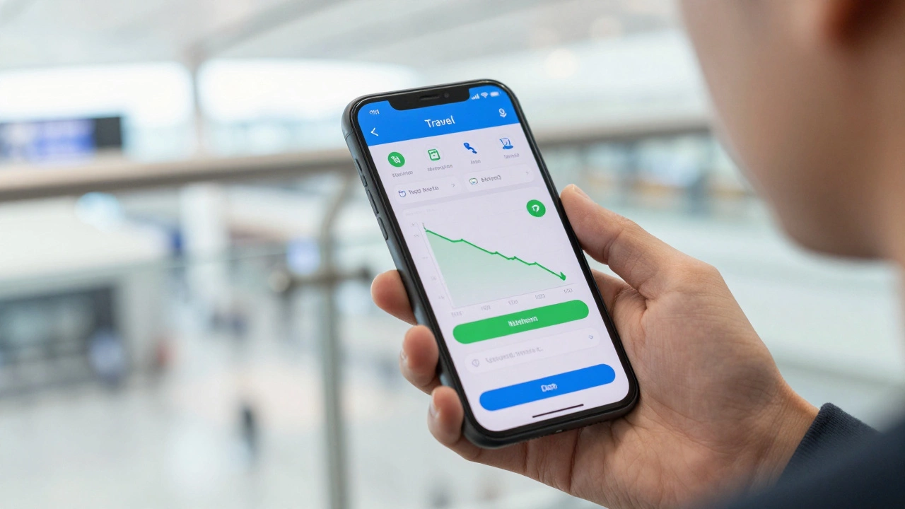 Hand holding smartphone showing travel price drop notifications on screen