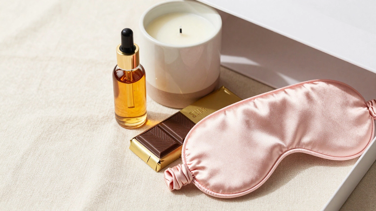Open luxury romance kit containing massage oil, candle, chocolate, and silk mask on linen.