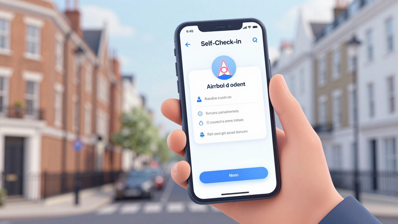 Smartphone showing a discreet apartment booking app in a city setting